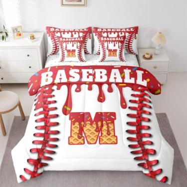 Imagem de Conjunto de edredom de beisebol personalizado com lençóis, fronhas e capa de almofada, inicial M, 7 peças, para decoração de quarto de meninas, presente para amantes de beisebol, cama em uma bolsa