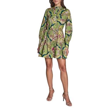 Imagem de BCBG Vestido curto feminino 3/4 manga bufante Paisley algodão babados, Sprout Multi, 46