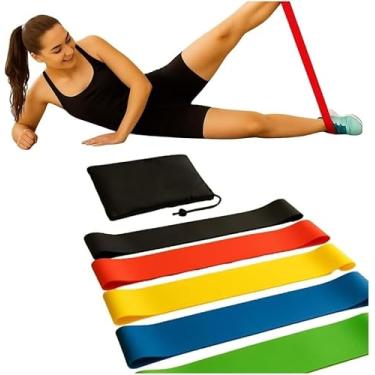 Imagem de Kit 5 Elásticos Faixas de Resistência Miniband + 1 Bolsa para Treino em Casa, Exercício Físico, Fisioterapia, Academia, Musculação, Pilates, Yoga, Alongamento