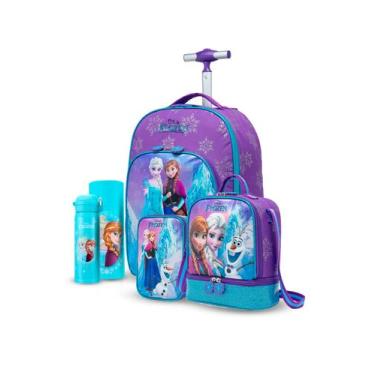 Imagem de Kit Mochila Lancheira Estojo Garrafa Escolar Espaçosa Rodinha Frozen -