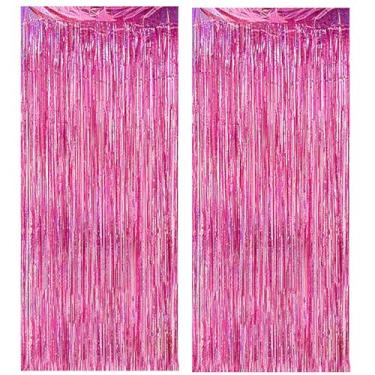 Imagem de Pacote com 2 panos de fundo rosa com glitter, decorações de festa de aniversário de 10 x 18 m, cortinas de franja rosa a laser, enfeite de papel de parede para fotos de feliz aniversário