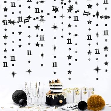 Imagem de Decorações pretas de aniversário de 11 anos, número 11, círculo, guirlanda de estrelas, faixa metálica pendurada, pano de fundo para meninas e meninos, brinde a 11 anos, aniversário, feliz aniversário