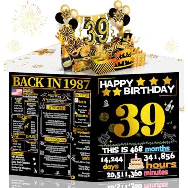 Imagem de Joycard Cartão de aniversário de 39 anos para mulheres e homens, presente de feliz aniversário pop-up 3D para ela, decorações engraçadas de aniversário de 39 anos para esposa marido, tema retrô