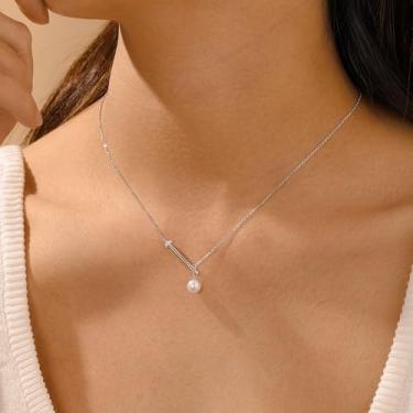 Imagem de Colar de ouro/prata para mulheres – delicado com pingente de gota banhado a 14 k/barra/pérola, formato Y, zircônia cúbica, hipoalergênica personalizada, não mancha, presente de aniversário de Natal