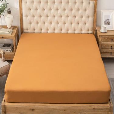 Imagem de PURE ERA Apenas lençol de baixo de algodão de malha jérsei (sem lençol de cima ou fronhas) bolso profundo de até 38 cm a 50 cm, ultramacio, confortável, respirável, laranja queimado, solteiro, GG