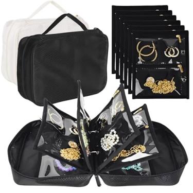 Imagem de STARVAST 2 peças de estojo organizador de joias de viagem, fichário de joias com 6 páginas, bolsas de veludo com zíper transparente para guardar brincos, anéis, colar, pulseira, relógio (preto