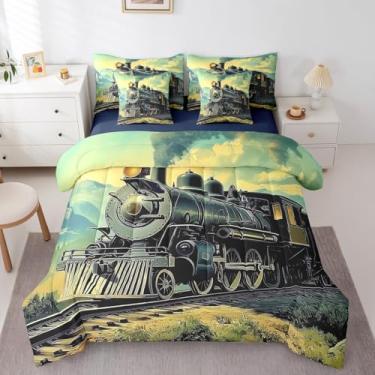 Imagem de Erosebridal Conjunto de edredom queen com trem a vapor vintage para crianças, adultos, trens ferroviários, 7 peças, veículo de transporte em uma bolsa com elástico + lençol de cima, fronhas