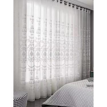 Imagem de Cortinas transparentes de voile floral bordado branco para sala de est