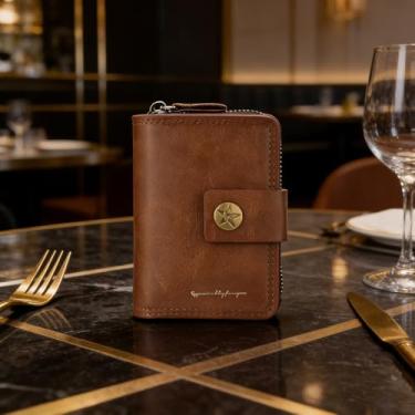 Imagem de Carteira masculina moderna marrom claro com estampa de couro legítimo com vários cartões, design moderno portátil com alça, estampa de tecido, sensação de couro, vários cartões