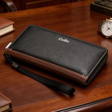 Imagem de Carteira longa masculina vintage, carteira de couro com zíper único com grande capacidade e vários compartimentos para cartões, organizador retrô com bloqueio de RFID com bolso para documentos (preto)