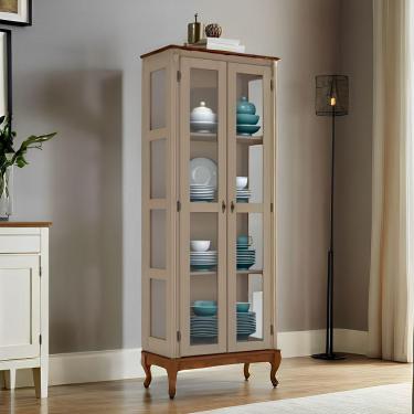 Imagem de Cristaleira De Madeira 2 Portas Pés Luiz Xv - Amêndoa Laca Com Tampo E Base Imbuia Glazer