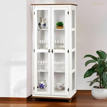 Imagem de Cristaleira Rústica De Madeira 3 Prateleiras Pés Torneados - Branco Laca Com Tampo E Base Imbuia Glazer