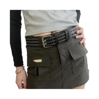 Imagem de Cinto De Couro Punk Rock Preto Ajustável Para Mulheres Com Decoração D