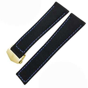 Imagem de SKXMOD Pulseiras de relógio de lona e couro de nylon de 20 mm, 22 mm, fivela dobrada, preta, para Tag Heuer CARRERA AQUARACER Series Watch Band Replace(preto azul dourado, 22 mm)