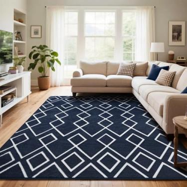 Imagem de Rtizon Tapete Geométrico Marroquino para Sala de Estar, 1,5 x 1,8 m, Azul Marinho, com Espuma Viscoelástica, Lavável à Máquina, Tapete de Área para Quarto, Dormitório, Berçário