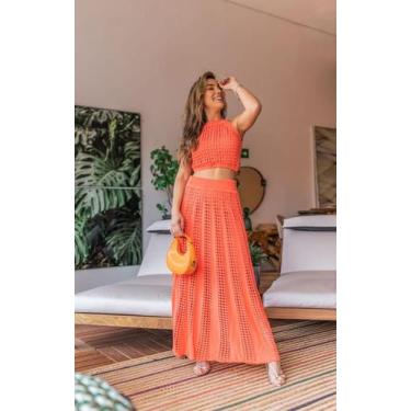 Imagem de Conjunto de tricô feminino de verão Saia Longa e cropped rendado forra