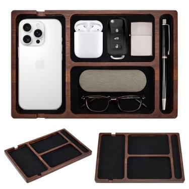 Imagem de Bandeja organizadora de mesa multiespaço, superfície de couro de acácia, com porta de assistência de carregamento para escritório ou sala de estudo, organizador de mesa de cabeceira para EDC, telefone