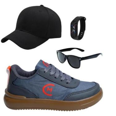 Imagem de Tênis Casual Infantil Masculino Chumbo/Preto/Fogo +Óculos+Relógio+Boné