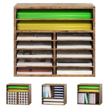 Imagem de Alpeir Organizador de armazenamento de papel de mesa, 12 compartimentos para papel e scrapbook A4 e A3, organizadores de artesanato de madeira Cricut e armazenamento com divisórias ajustáveis para