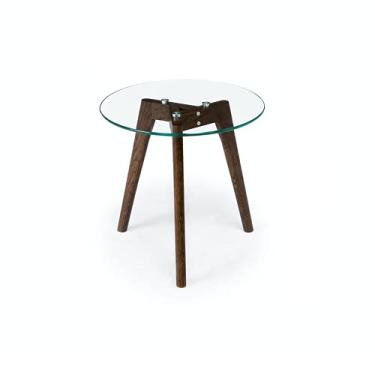 Imagem de Mesa de canto pequena de vidro temperado, mesa lateral redonda Mnimalist, mesa lateral moderna de meados do século para sala de estar, quarto, espaços pequenos, escritório, com pernas de madeira de