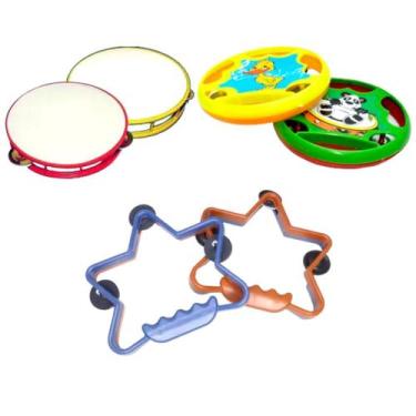 Imagem de Kit 02 Pandeiro Liso 02 Pandeirola 02 Pandeirinho Estrela Infantil De 