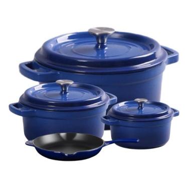 Imagem de Jogo 4 Panelas Ferro Fundido Esmaltado Frigideira Antiaderente Azul Co