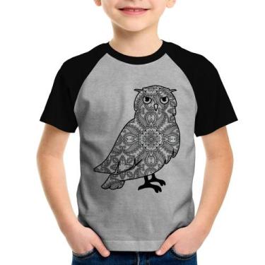 Imagem de Camiseta Raglan Infantil Coruja Mandala - Foca na Moda, Cinza, Preto, 