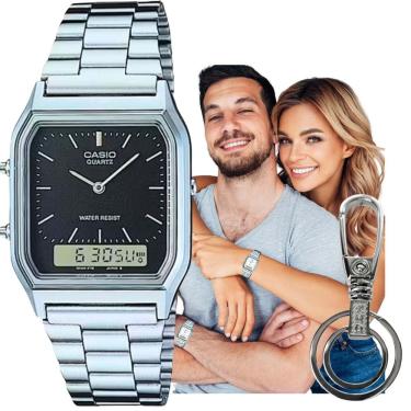 Imagem de Relógio Pulso Casio Unissex Vintage Feminino Masculino Pequeno Quadrado Digital Analógico Prova Dágua 30 Metros Prata AQ-230A-1DMQ + Chaveiro