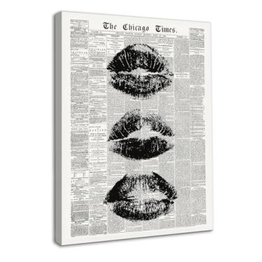 Imagem de Dazzlewall Arte de parede de jornal vintage emoldurada, impressão de lábio preto e branco impressões em tela moderna para decoração de quarto de meninas 30,5 x 40,6 cm