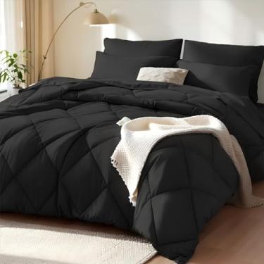 Imagem de SunStyle Home Conjunto de edredom completo de 7 peças - cama para todas as estações em uma bolsa com edredom, lençol de cima, lençol com elástico, fronhas e fronhas (preto)