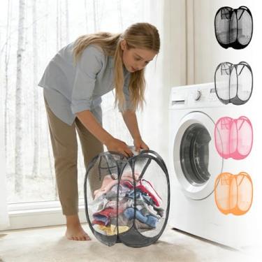 Imagem de Cesto de roupa suja dobrável durável com bolsos laterais de malha expansível e alças reforçadas