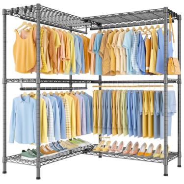 Imagem de ULIFHOME E15 Pro Suporte de roupas em forma de L para canto, suporte independente para pendurar roupas, sistema de armário resistente com 4 varões de pendurar e 8 ganchos S, 122 cm L x 48 cm P x 192