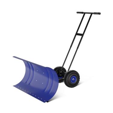 Imagem de Empurrador de neve com rodas, lâmina de aço resistente de 73,7 cm, ângulo ajustável e alça de altura para remoção de neve na entrada de garagem sem esforço, base de proteção do solo.