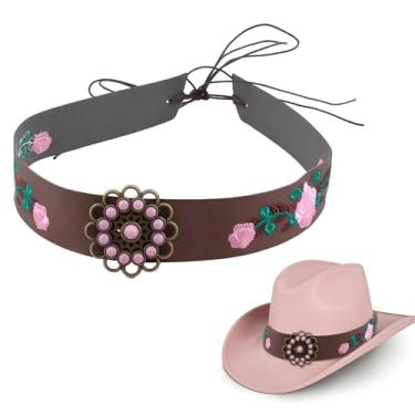 Imagem de Ksheria Faixa de chapéu de vaqueira rosa, de couro PU, para homens e mulheres, cintos de chapéu rurais étnicos ajustáveis decorativos, faixa Fedora Panamá para meninas