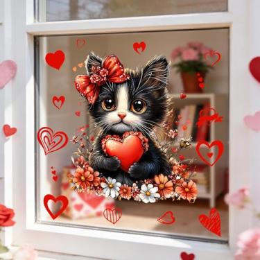 Imagem de Adesivos de janela de gato fofo dia dos namorados com laço coração design de flor dupla face adesivos de janela estática reutilizáveis para decoração de portas de vidro de aniversário, feriado