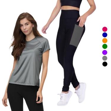 Imagem de Conjunto CAMISETA Blusinha DRY + CALÇA LEGGING BOLSOS Femininos Academia Fitness Furadinho 628-Feminino