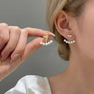 Imagem de Brincos de coração 2 em 1 com pérola, banhados a ouro 14 K, hipoalergênicos, frente e verso, para presente, joias de ouro modernas, Medium, Metal, Sem pedra preciosa