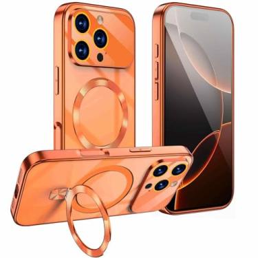 Imagem de HUHUCASE Capa de celular para iPhone 13/14/15/16/17 Pro Max, com suporte magnético para janela grande e proteção antiqueda de vidro temperado (iPhone13, laranja)