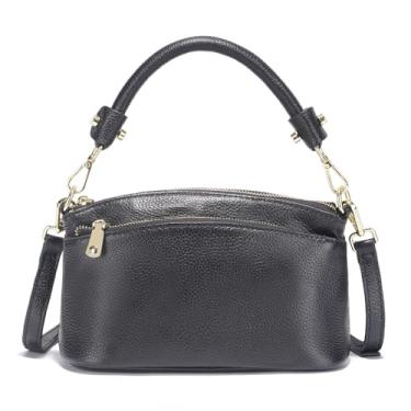 Imagem de zency Bolsa tiracolo feminina de couro legítimo com zíper triplo e elegante, Preto, Small