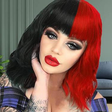Imagem de Peruca preta vermelha com franja curta encaracolada ondulada cosplay dividida peruca sintética fantasia festa de Halloween perucas para mulheres