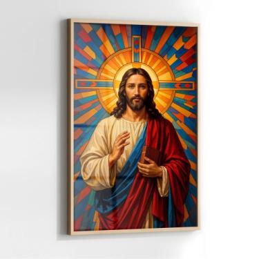 Imagem de Quadro com Moldura e Acrilico Cristal Vidro Jesus Ladrilho para Sala, 
