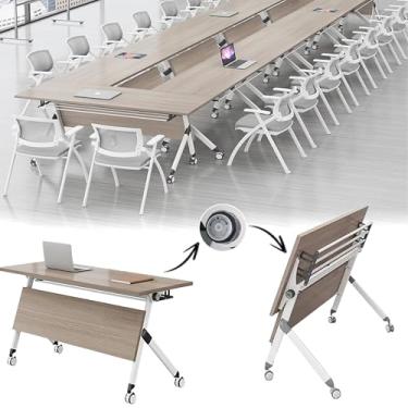 Imagem de Mesa de conferência dobrável com design flip-top e rodas de bloqueio, mesa modular móvel para reuniões dinâmicas de escritório, salas de treinamento, salas de aula e bancada de trabalho ao ar livre