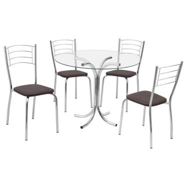 Imagem de Conjunto Mesa De Jantar Redonda Com Vidro 80cm Com 4 Cadeiras Multimóveis Cr50138 Marrom