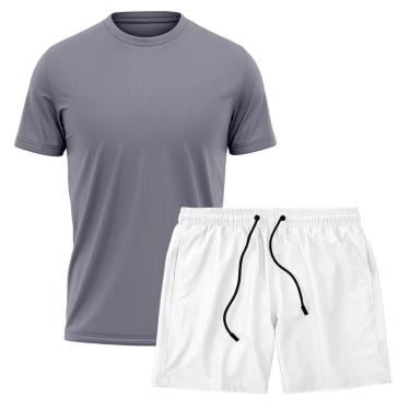 Imagem de Kit Short Praia Academia Passeio Treino Branco + Camiseta Manga Curta Masculina-Masculino