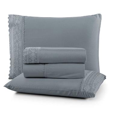 Imagem de Jogo De Lençol Nobre Casal 4 Peças Micropercal 200 Fios Bordado Inglês Fino - Cinza - 100% Poliéster