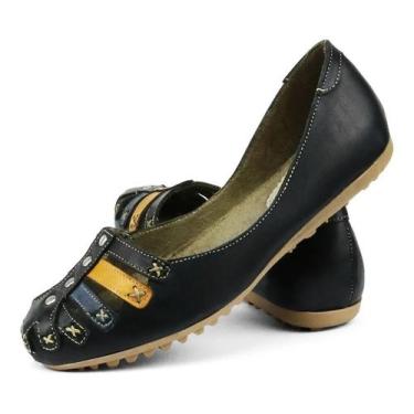 Imagem de Sapato Sapatilha Salomé de Couro Retrô Preta Izabella Araújo, Preto, 3
