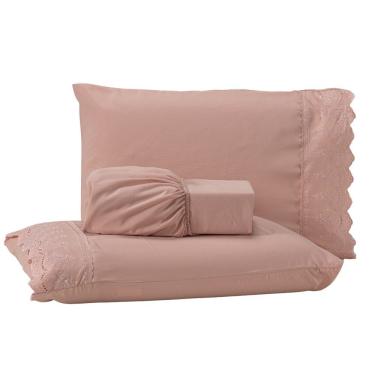Imagem de Jogo De Cama Lençol King 03 Peças Sublime Bordado Inglês Percal 300 Fios Com Fronhas - Toque Acetinado Cor Rosê
