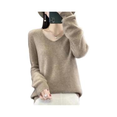 Imagem de Suéter Feminino De Lã Merino E Cashmere Com Decote Em V, Manga Longa, 
