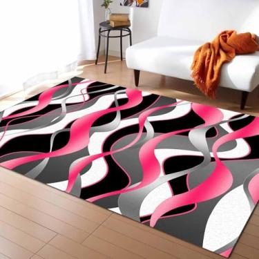 Imagem de LBCASA Tapete Retangular Grande com Suporte de Borracha Antiderrapante Rosa Preto e Cinza - Tapete para Sala de Estar, Quarto, Casa, Escritório, Moderno, Arte Abstrata, Geométrico, 4' x 6'