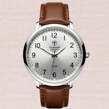 Imagem de Relógio Masculino Tuguir Clássico Social Couro Preto Analógico Quartz Caixa Prata 5ATM Resistente Água Elegante TC30489
